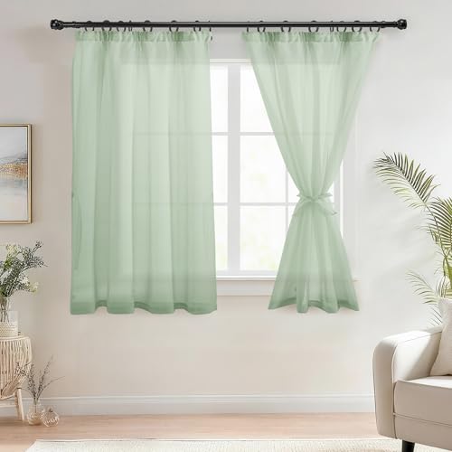 DWCN Voile Gardinen mit Kräuselband Leinenoptik Kinderzimmer Halbtransparent Wohnzimmer kurz Grün 145x140 cm(HöhexBreite), 2er Set