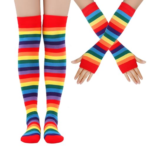 DUOJINSANXI Over Knee Rainbow Thigh High Socks and Gloves Striped Arm Leg Warmers Set Costume Accessories for Cosplay (2 rainbow)