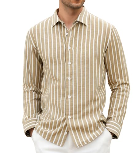 Damipow Mens Linen Cotton Striped Long Sleeve Dress Shirt Casual Button Down Shirt,Khaki,M