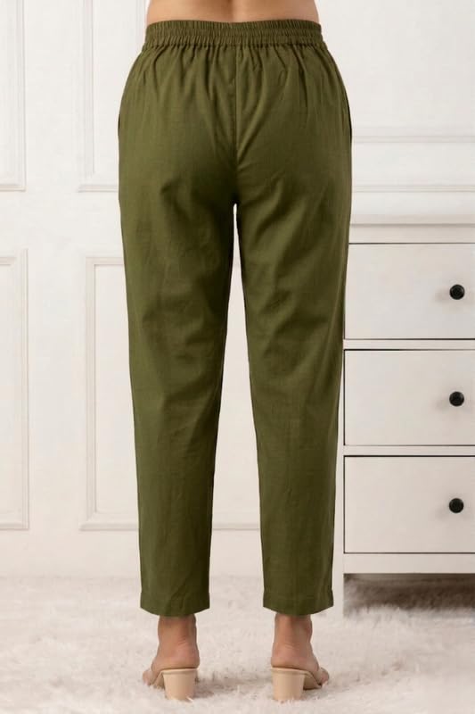 Image of Solid Cotton Woman Trousers Pants Regular Fit Kurti Pant with Drawstring Daily Office Formal Casual Use