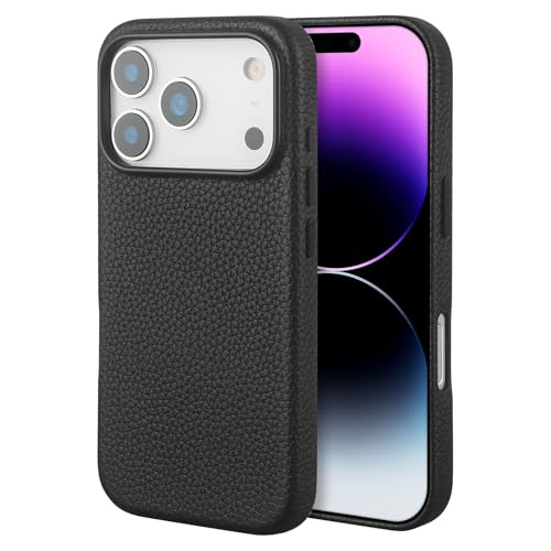 InUnion Compatible with iPhone 17 Pro Leather Case – Premium Litchi Grain Real Leather Cover Compatible with MagSafe, Slim Protective Case with Soft Microfiber Lining, Shockproof, 6.3 inch Black by InUnion - Used condition - US$18.00