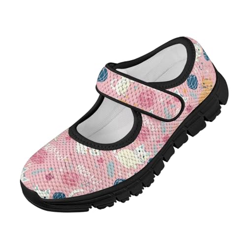 SYtrade Cat Love Pink Flower Mary Jane Flats Kids Lightweight Walking Shoes Black Sole