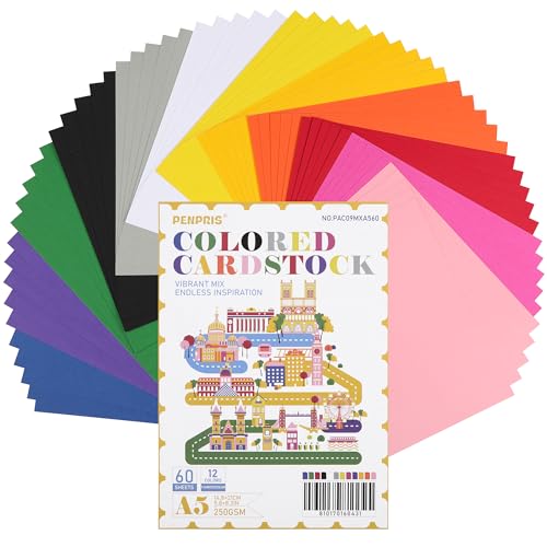 PENPRIS - 60 feuilles de carton coloré -A5 250gsm papier de carte 12 couleurs vives 92lb papier pliable pour les enfants adultes débutants arts et métiers projets bricolage PAC09MXA560
