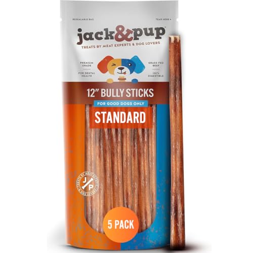 Jack&Pup 12 Inch Long Lasting Bully Sticks for Medium Dogs (5 Pk) All Natural, Grass Fed Beef Dog Chew Sticks, Low Odor Bully Stick for Dogs