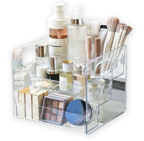 Skupro Organizador de maquillaje de 3 niveles, organizador de cosméticos de plástico transparente, vitrinas de cosméticos escalonadas para tocador, caja de almacenamiento desmontable para tocador