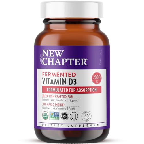 Image of New Chapter Fermented Vitamin D3 2,000 IU, Organic, ONE Daily for Immune, Heart & Bone Support + Whole-Food Turmeric, Adaptogenic Reishi Mushroom, 100% Vegetarian, Gluten Free, 60 Count