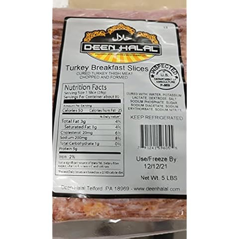 Deen Halal Turkey Breakfast Slices Cured Turkey Thigh Meat Chopped and Formed 5 lbs - Halal Bacon Cover