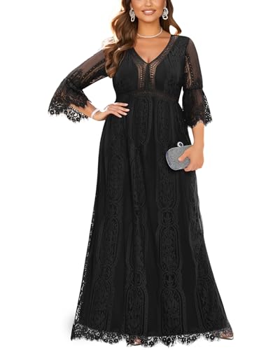 Pinup Fashion Damen Plus Size Boho Maxi Floral Lace Bohemian Brautkleid V Ausschnitt Flowy Lange Partykleider, Schwarz, 50 Plus