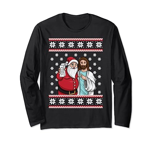 Christmas Drinking Party Santa Jesus Jingle Bro Tequila Fun Maglia a Manica