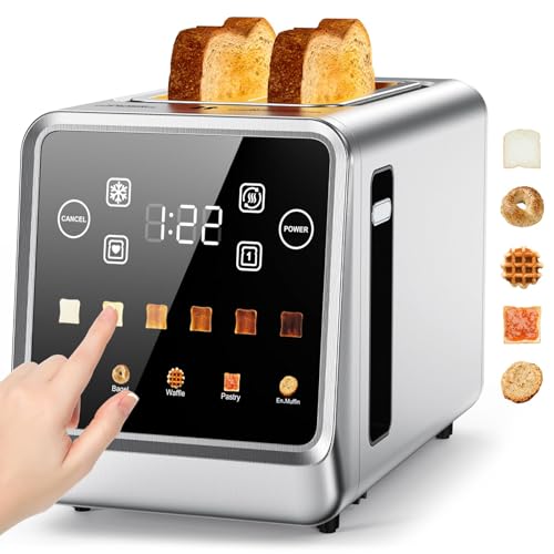 Toaster 2 Slice Wide Slot Stainless Steel Digital Toasters Best Rated Prime Touch Screen Toaster for 5 Bread Types/6 Shade Settings/Single Slot Toasting/Memory Function/Defrost/Reheat