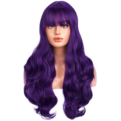 BERON Dark Purple Wig with Bangs Long Wavy Dark Purple Wigs for Daily Party with Wig Cap