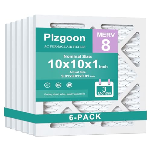 Plzgoon 10x10x1 Air Filter MERV 8 (6 Pack) MPR 600 Pleated A/C Furnace Filters for Home Air Conditioner HVAC Furnace Replacement (Exact Dimensions: 9.81L x 9.81W x 0.81Th)