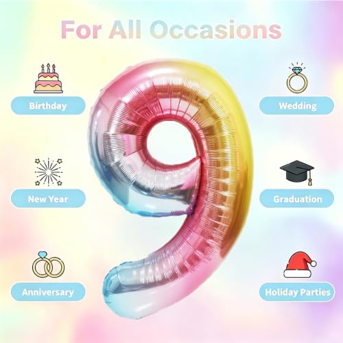 Image of Rainbow Number Balloons Birthday Balloons - Giant Number 9 Balloon 40 inch, Numbers Balloon Birthday Decorations, Rainbow Party Supplies for Baby Shower