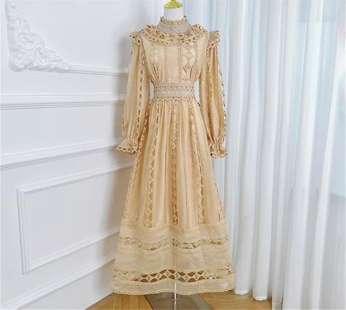 Women's Lace Maxi Party Dress - Stand Collar Long Sleeve Hook Embroidery Design4