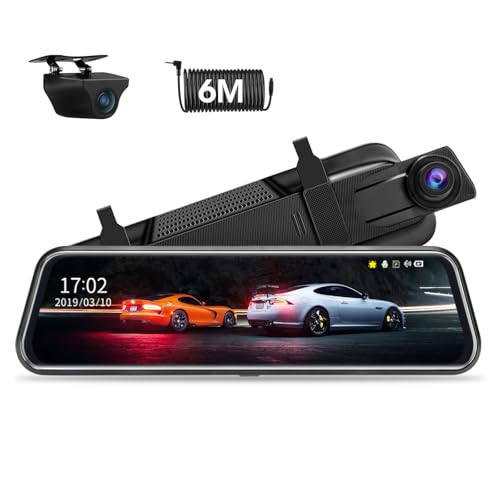 Upgraded 10'' Rear View Mirror Camera Mirror Dash Cam Front and Rear 1080P Backup Camera Full Touch Screen w Loop Recording, G-Sensor Night Vision 170° Wide...