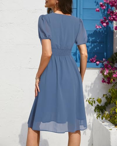 Image of Holipick Women Summer Casual Dress Wedding Guest V Neck Short Sleeves Smocked Waist Chiffon Swing Knee Length Midi Dresses