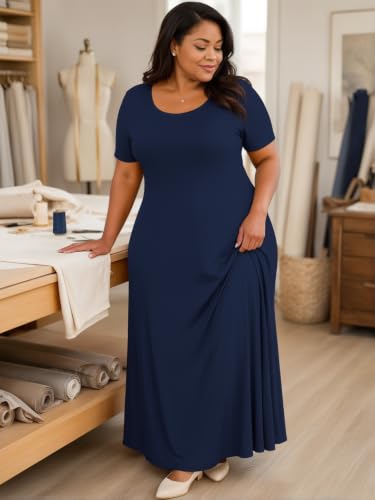 Image of PinkPatty Plus Size Dress for Women Casual Crew Neck Short Sleeve Maxi Dress Oversized Summer Beach Dresses with Pockets