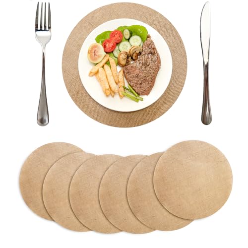 Matutinal 6 Set Burlap Placemats, 11.8" Round Fall Reusable Table Mats for Wedding, Brown Circle Rustic Table Decorations for Dinner Holiday Farmhouse Supplies