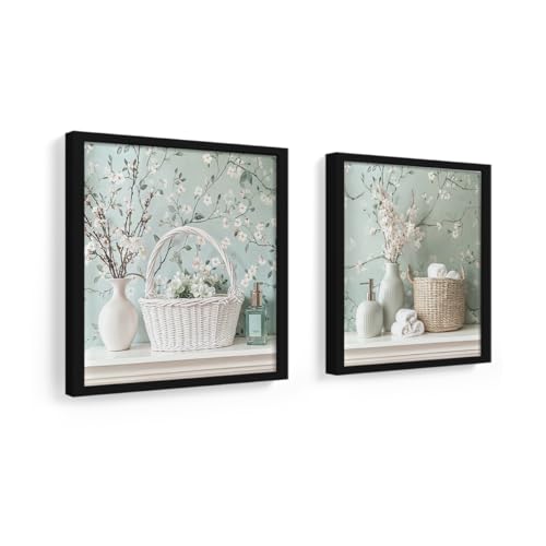 Kit 2 quadros 18x18 cm, banheiro, lavabo, flores Menta (Branco)