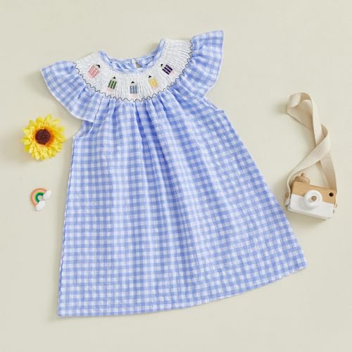 Kids Toddler Girl Back to School Outfit Pencil Plaid Fly Sleeve Smocked Dress First Day of School Clothes Summer4