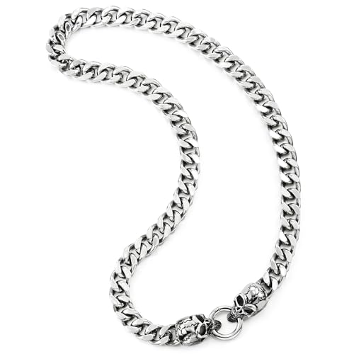 COOLSTEELANDBEYOND Mens Stainless Steel Curb Chain Skull Toggle Clasp Necklace, Gothic Style 12MM Wide 24 inches