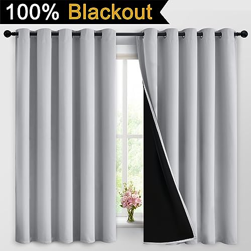 Image of Yakamok Light Grey 100% Blackout Curtains 63 Inches Long 62 inch Wide 2 Panel | Blackout Curtain Panels for Bedroom, 2 Thick Layers Grommet Top Thermal Insulated Drapes with Black Liner for Living Room