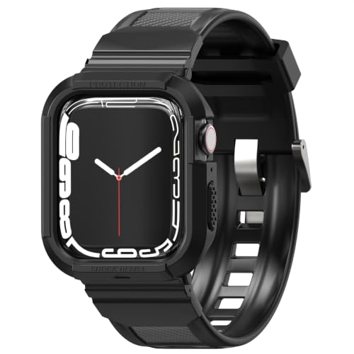 Image of Sounce Rugged Armor Watch Band Compatible with iWatch Series 8 7 6 5 4 3 2 SE 42mm 44mm 45mm 49mm Ultra Heavy Duty Sport Strap (Black)