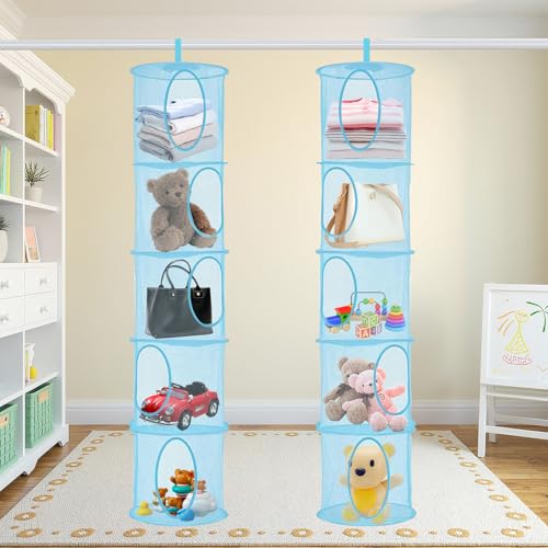 Zyluniy 2 Stück Hängender Speicherkorb, 5 Tier Faltbare Aufbewahrungsnetze, Kuscheltiere Hängeregal, Hängende Mesh Aufbewahrungsnetze, Hängeaufbewahrung Netz für Spielzeug, Kleine Kleidung (Blau)