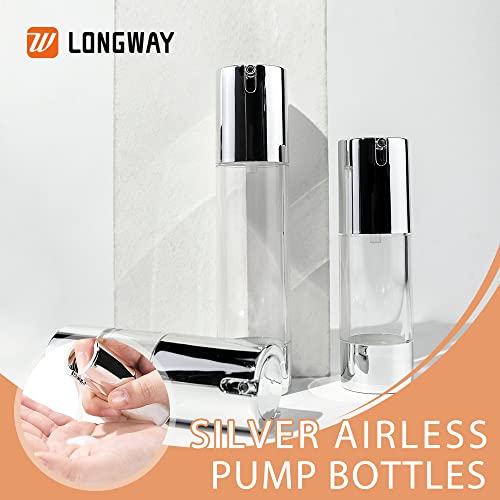 longway 1.7oz/50ml Airless Pump Bottles Silver Airless Cosmetic Cream Pump Bottle Travel Size Dispenser Refillable Containers（Pack of 6）3