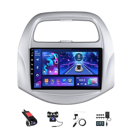 9 Pulgadas Android 14 Doble DIN Radio de Coche para Chevrolet Spark Beat 2018-2020 con CarPlay inalámbrico GPS Navi Cámara de Respaldo Controles del Volante Bluetooth(T3[2+32G])