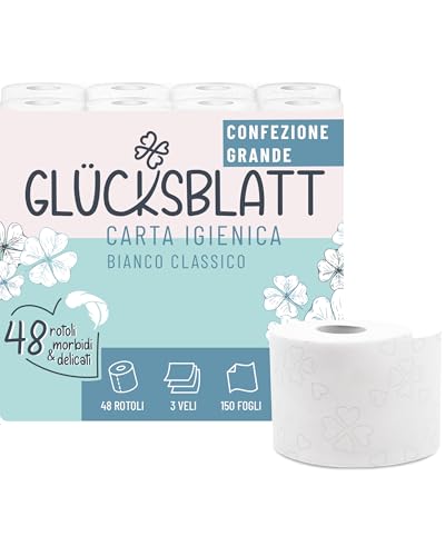 Glücksblatt Scatola di carta igienica 3 strati, 75 rotoli x 180 fogli, 100% cellulosa, carta super morbida, ideale per il campeggio, scatola riutilizzabile