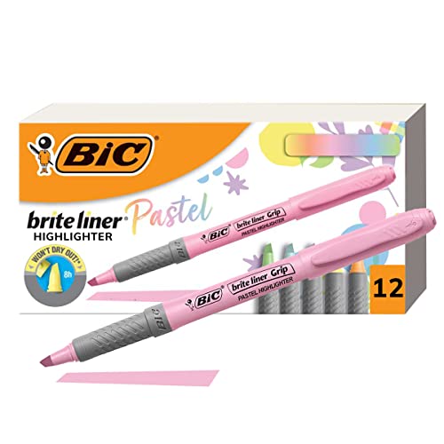 Image of BIC Brite Liner Grip Pastel Highlighter Set, Chisel Tip, Pack of Pastel Highlighters in Assorted Colors (colors may vary), Cute Highlighters for Bullet Journaling, Note Taking and More (Pack of 18)