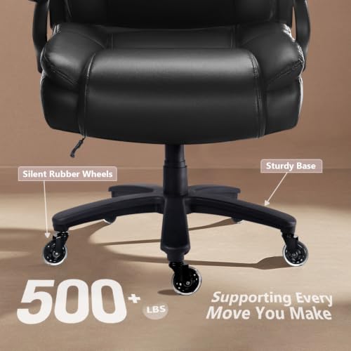 Image of Waleaf 500lbs Big and Tall Office Chair, Heavy Duty Chair for Heavy People, Adjustable Ergonomic Lumbar Support Executive Chair, Large High Back and Quiet Rubber Wheels, Black