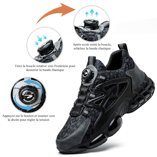 GemChve Chaussures de Sécurité Hommes Femmes Basket Légère Respirante Travail Antidérapante avec Embout en Acier Black 45 EU – vue 3