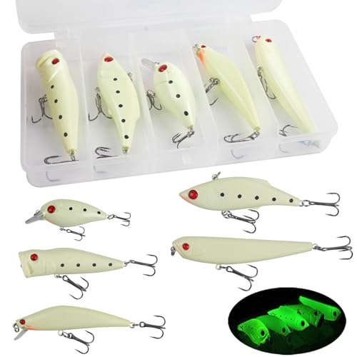 Saltwater Luminous Fishing Lures Night Fishing Bait Kit,5PCS Glow Crank Pencil VIB Minnow Popper Hard Bait with 2 Treble Hooks with Tackle Box