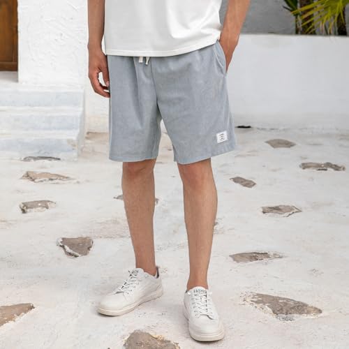 CHANGEOWN Mens Corduroy Shorts with Pockets,7 Inch Casual Elastic Waist Summer Beach Loose Fit Shorts with Drawstring, Light Blue, XL — view 3
