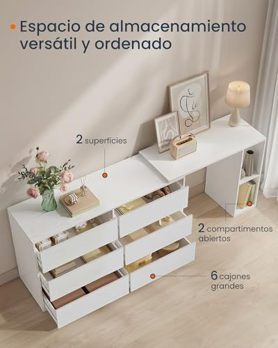 SONGMICS HOME Tocador, Montaje Rápido sin Herramientas, Cómoda, Aparador, Escritorio con Estante, Lado a Lado o en Forma de L, para Dormitorio, Estudio, Tecnología Toolless, Blanco Nieve LTS656W01 - imagen 6