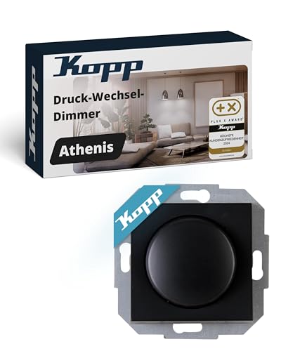 Kopp ATHENIS Kombigerät – Druck-Wechselschalter mit Dimmer in Matt Schwarz – LED, Glühlampen & Halogen dimmbar – Hochwertiger IP20 Dimmer-Wechselschalter mit Steckklemmen – Stilvoll & intuitiv