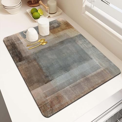 MCALK Brown Dish Drying Mat for Kitchen Counter, Dark Brown Dish Drying Pad with Anti-Slip Rubber Base, Absorbent Kitchen Sink Mat with Abstract Art Decor (1 pc 18" x 16")