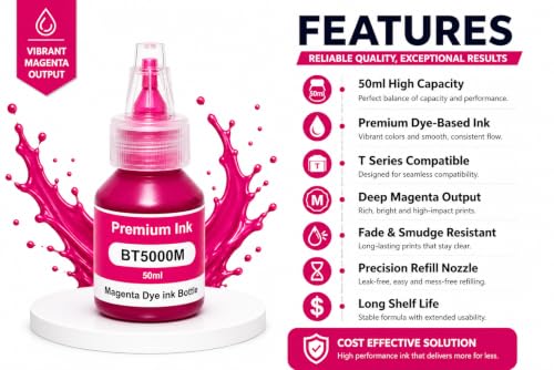 Image of ROHINK Premium Compatible Dye Ink Bottles for Brother Printers, T220, T300, T310, T420, T500, T520, T820, T920, T510, T910, T710, T4500W, T800W, T710W - Printer (Brother BTD 5000 Magenta Pack 1)
