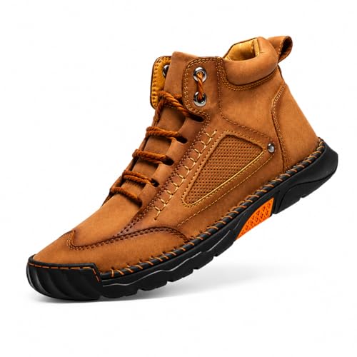 Image of Men's Wide Comfort Handmade Leather Boots Men's Waterproof Hiking Boots | Casual Walking Shoes, Lightweight Breathable Work Shoes with Arch Support, Non-Slip & Durable