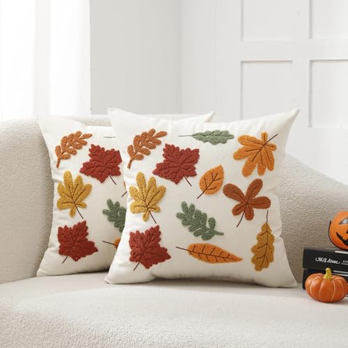 Fall Throw Pillow Covers 20x20 Set of 2, Autumn Thanksgiving Leaf Leaves Decorative Embroidery Velvet Cushion Cases Decor Home Decorations for Couch Patio Furniture Bed Room Livingroom Sofa Porch
