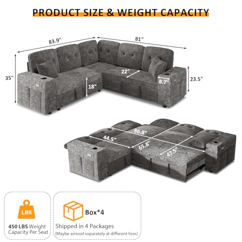 Image of Modular Sectional Sleeper Sofa with Pull Out Bed, 84 Inch L Shaped 5 Seat Couches for Living Room, Chenille Fabric Cloud Couch Bed with Storage & Reclining Backrest, USB Charging, Grey