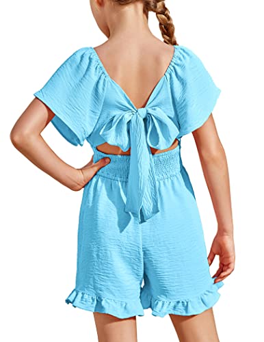 Arshiner Little Girls Short Sleeve Relax Fit Jumpsuit Ruffle Smocked Soft Solid Color Off Shoulder Romper Jumpsuit Shorts #TOP4