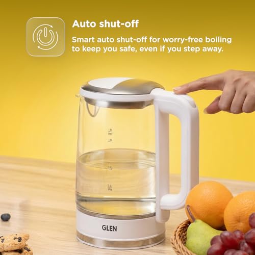 Image of Glen Electric Glass Tea Kettle 1.8 Litre, 1500W Fast Boiling Electric Kettle with 360 Rotational Base, Auto Shut-Off, Boil Dry Protection, Blue LED Light, Cordless Design, White (SA-9001)