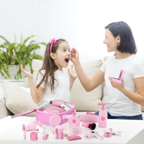 GAGAKU Holz Kinderschminke Set Mädchen Schminkkoffer Kinder 16-teiliges Schminke Friseur Beauty Set Frisierkoffer Spielzeug für Kinder Holzschminke Geburtstagsgeschenk ab 3 4 5 6 7 Jahre