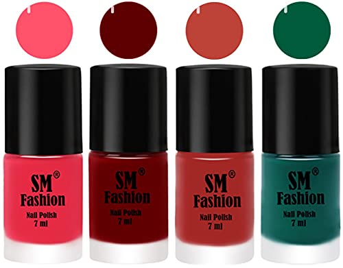 Image of Nail Polish Combo Set (Pack of 4) Quick Dry Gel Finish Nail Paint | Dark Pink,Dark Red,Dark Nude,Green | 7 ml Each