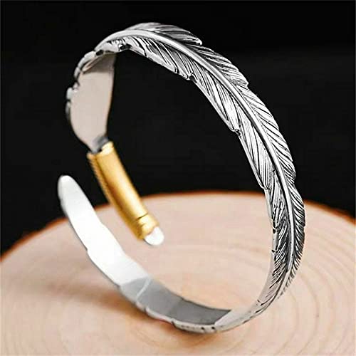 Beccalame Silver Feather Bracelet Lucky Hope Cuff Jewelry Simple Retro For Women Men (B) #TOP3