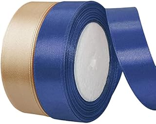 2 Rolls Champagne Gold and Blue Ribbon, 25mm x 22m(25 Yards) Double Sided Satin Ribbon Fabric Ribbon Ribbon for Gift Wrapping, DIY Sewing Project, Bouquets, Cake Decoration
