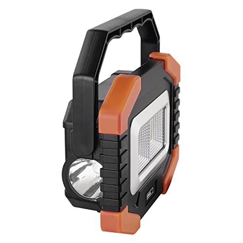 EMOS LED-Arbeitsleuchte, kleiner tragbarer Arbeitsstrahler, Helligkeit 350 lm, 110 m Leuchtweite, 2 Lichtmodi, batteriebetrieben mit bis zu 20 Stunden Leuchtdauer, drehbarer Handgriff